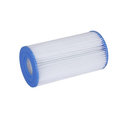 75 sq ft cylindrical pool cartridge filter with blue end caps and white pleated media.