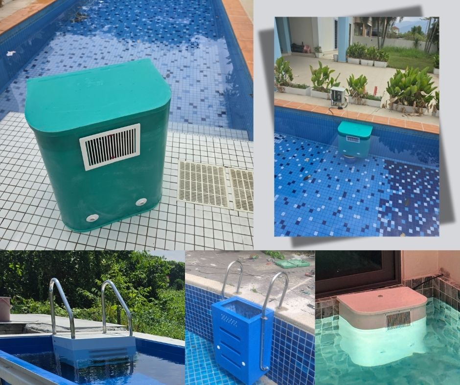 Wymic PnP pipe-free pool filter models mounted on swimming pool side walls for non-piped water filtration.