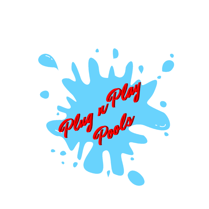 Wymic New Plug n Play Pools logo featuring red script typography on a light blue water splash background.