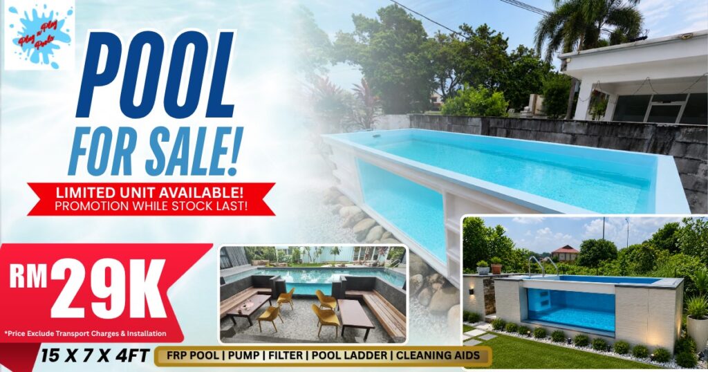 Promotional banner for a 15 by 7 by 4 foot Wymic plug and play FRP pool package for RM 29,000.