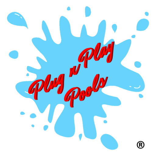 Wymic New Plug n Play Pools logo featuring red script typography on a light blue water splash background.