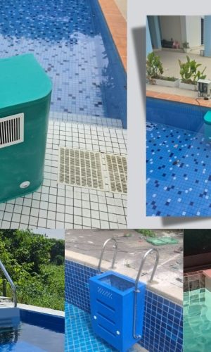 Wymic PnP pipe-free pool filter models mounted on swimming pool side walls for non-piped water filtration.