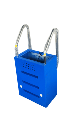 Isolated view of a blue plug and play pool filter casing featuring attached stainless steel entry handrails wrapped in protective plastic.