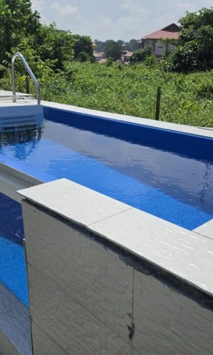 Above-ground pool with a transparent glass viewing window featuring a white plug and play filter box and stainless steel entry ladder.